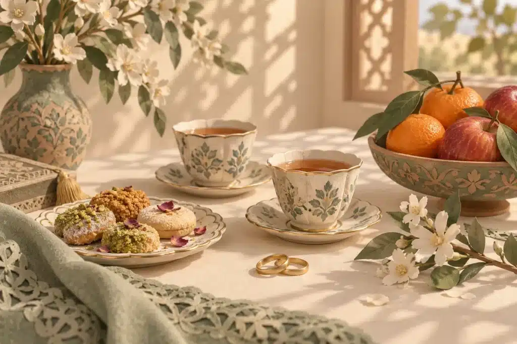 تصویر مفهومی چای، میوه و شیرینی برای پذیرایی عصرانه