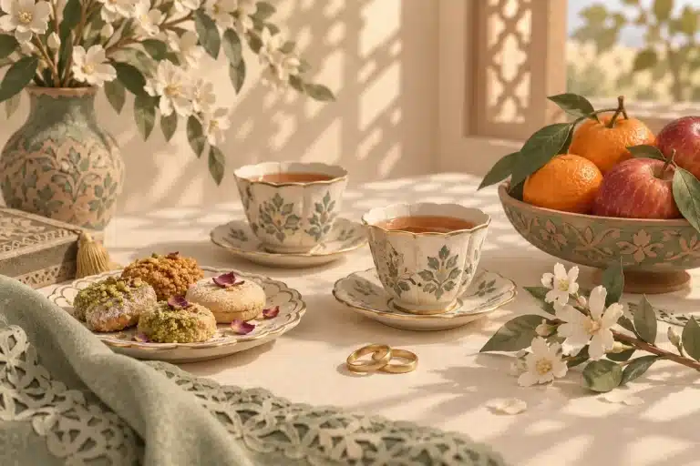 تصویر مفهومی چای، میوه و شیرینی برای پذیرایی عصرانه