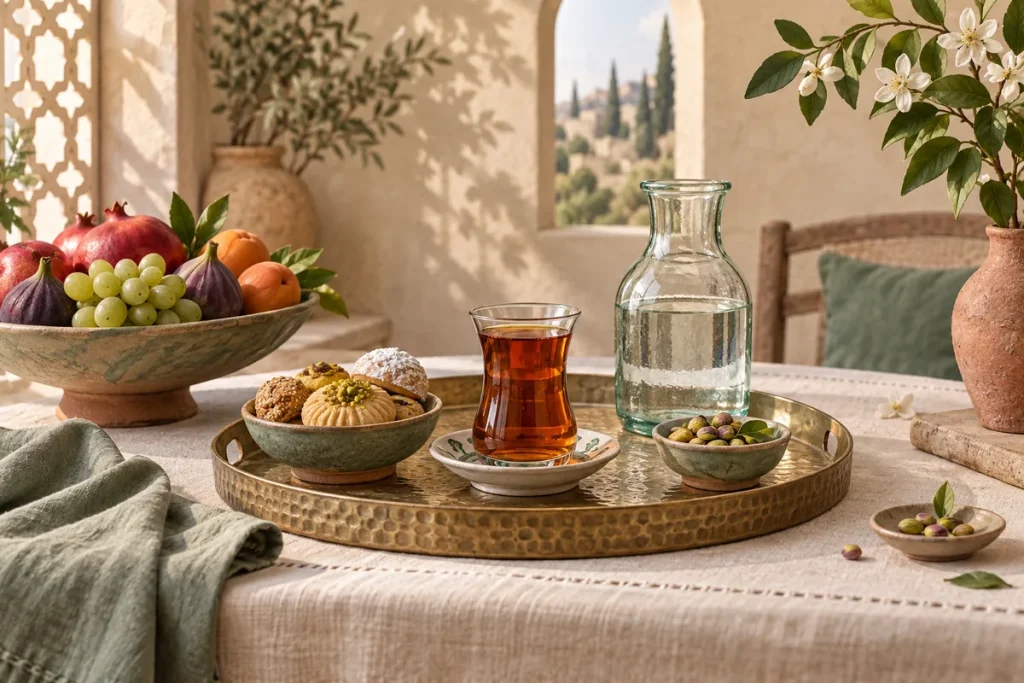 چیدمان مفهومی میوه، شیرینی و نوشیدنی بله‌برون