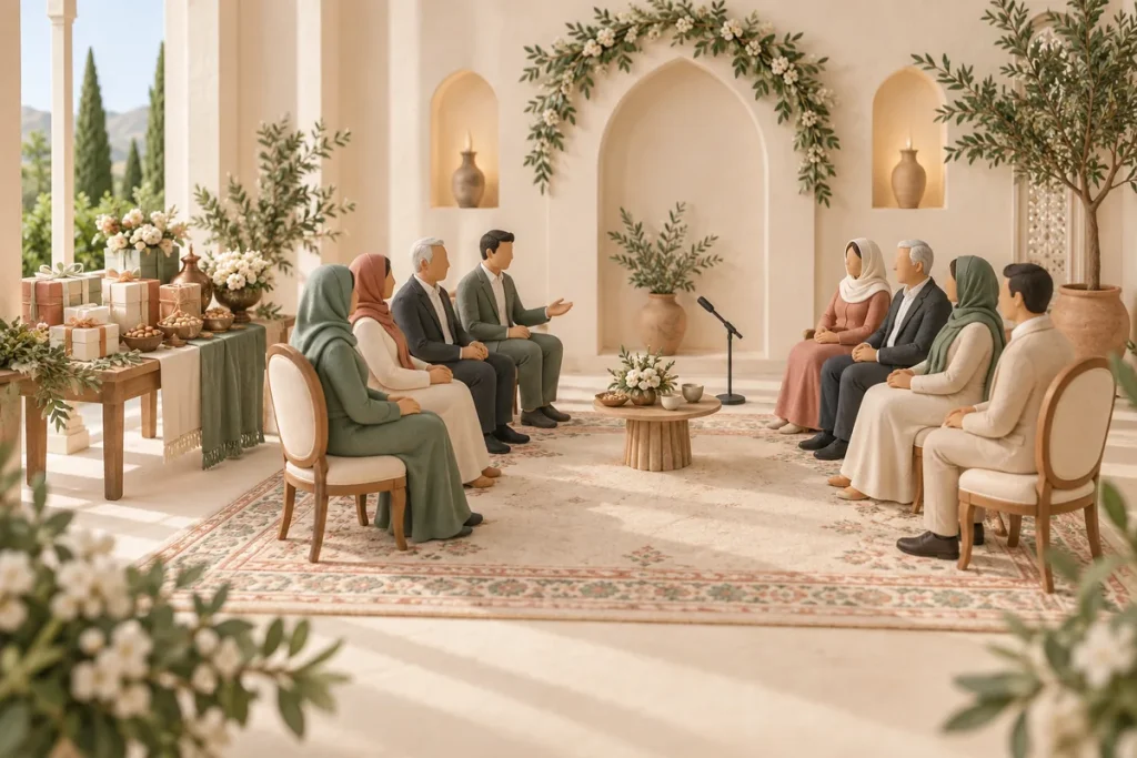 چیدمان مفهومی نشستن دو خانواده در سالن بلهبرون